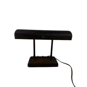 Vintage Banker Lamp Desk Work Lamp Art Deco Emblem Dark Metal Adjustable Works!